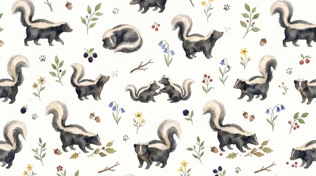 Cute watercolor skunk seamless pattern for nursery decor, kids apparel, baby textiles, wallpaper, wrapping paper, and scrapbooking designs. Charming watercolor skunk seamless texture with acorns