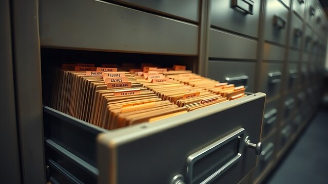 An old filing cabinet with an open drawer full of folders marked with red tabs.