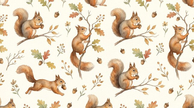 Cute watercolor seamless pattern with cute squirrels acorns oak leaves for nursery textile design. Rustic fall woodland animal seamless pattern with squirrels and acorns for scrapbooking and stationer
