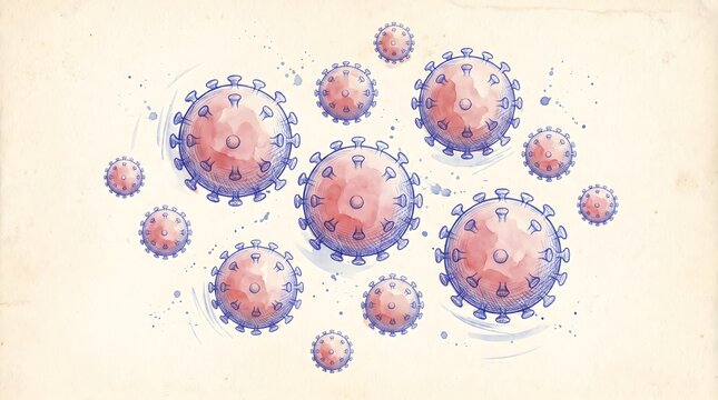 Watercolor Illustration of Microscopic Viral Particles Spreading in a Biological Environment