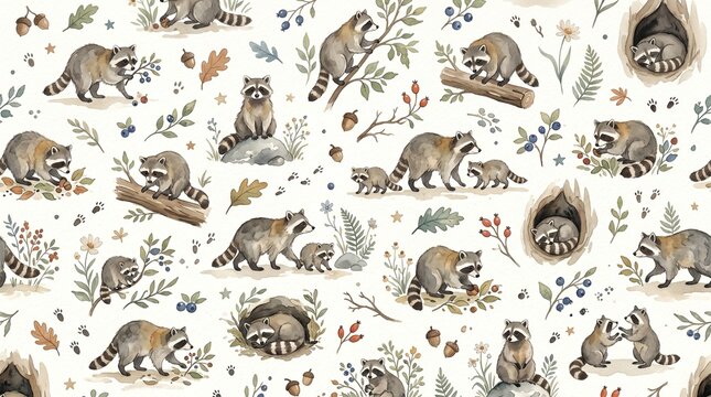 Cute watercolor raccoon seamless pattern with autumn forest elements for kids wallpaper nursery textile design and wrapping paper background. Hand drawn woodland animals seamless background raccoons