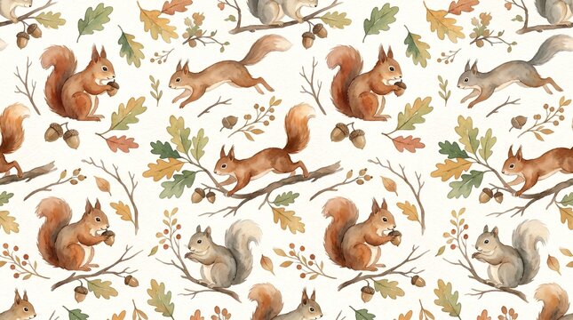 Autumn forest animal seamless vector pattern with running squirrels for baby clothes and wrapping paper. Fall seamless pattern with squirrels and acorns for thanksgiving day decoration