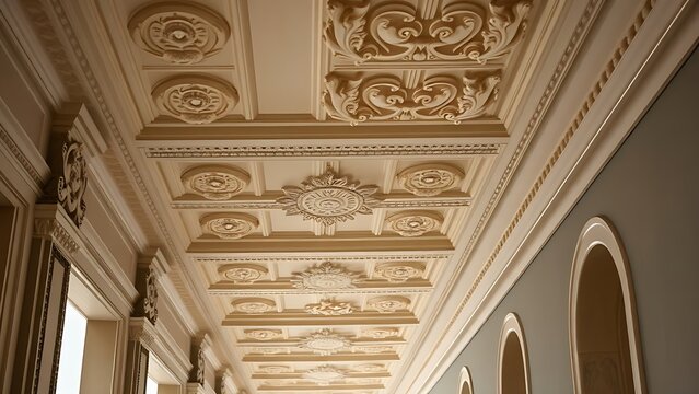 Ornate plaster soffit with classical relief patterns in a historic corridor.