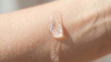 Fototapeta premium Liquid transparent gel drop with air bubbles dripping on smooth female arm skin
