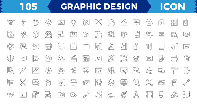 Pixel Perfect Set of thin line icons of graphic design. Simple linear icons in a modern style flat, Creative Process. Graphic design, creative package, stationary, software and Editable stroke