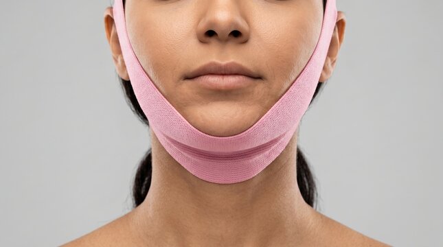 Front view of woman face with pink elastic lifting bandage v line chin strap