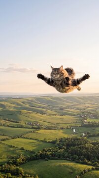 Tabby cat flying above rural landscape in clear sky. Concept of feline independence, joyful exploration, creative lifestyle advertising.