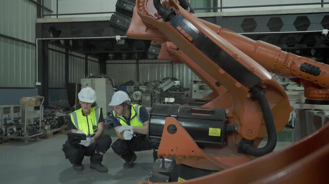Male and female engineers crouching down to inspect the base mechanism and wiring of industrial robotic arms in a workshop.