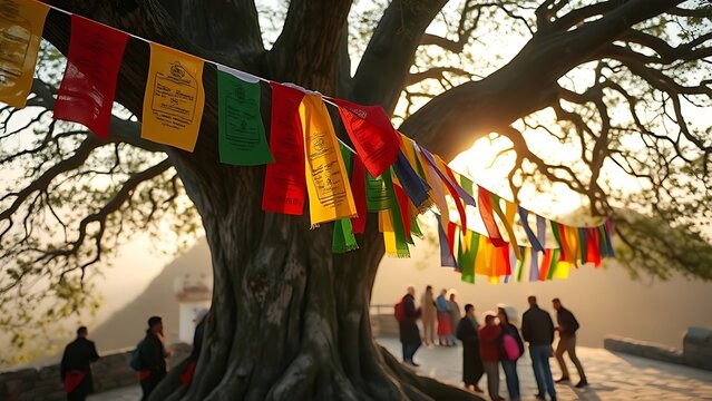 Colorful prayer flags fluttering from an ancient tree in morning light.
