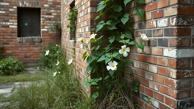 Several datura plants growing by an old, weathered brick wall.