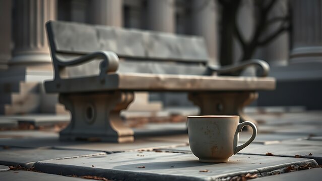 An empty stone bench with a half-full ceramic cup on the ground nearby.