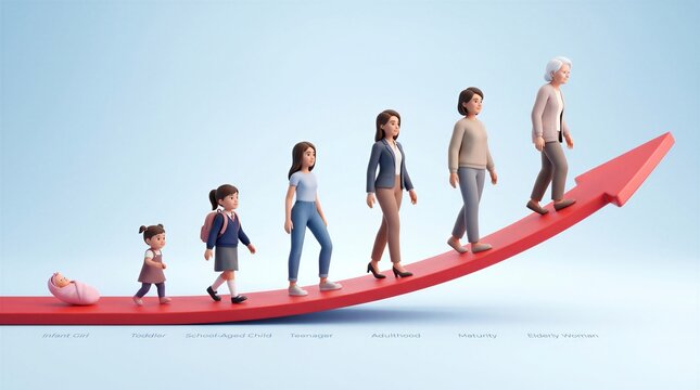 3D illustration depicting the various stages of a female life cycle from infancy to old age walking up a red upward arrow.