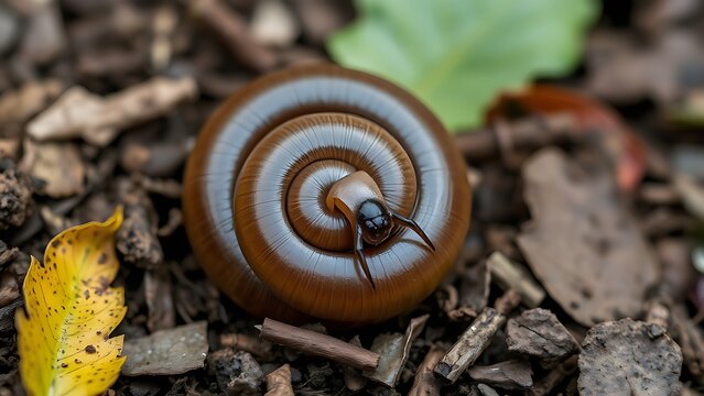 Macro photograph of a woodlouse curled into a sphere on soil and leaves.