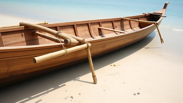 Wooden canoe with bamboo outrigger, resting on a beach.