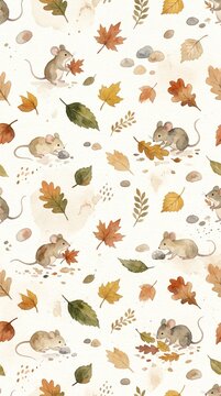 Cute watercolor autumn seamless pattern with little mice and dry leaves for nursery textile and baby apparel design. Cozy autumn woodland mice and seasonal foliage pattern for baby shower decorations 