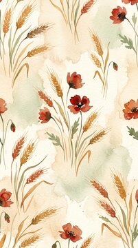 Watercolor autumn seamless pattern with red poppies golden wheat spikelets for baby nursery textile wallpaper print wrapping paper decor. Hand drawn botanical seamless background featuring red poppy 