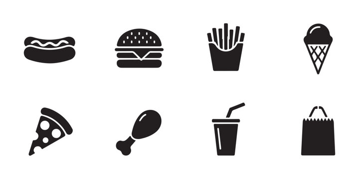 Minimalist fast food elements with burger hotdog fries and pizza slice on transparent background.