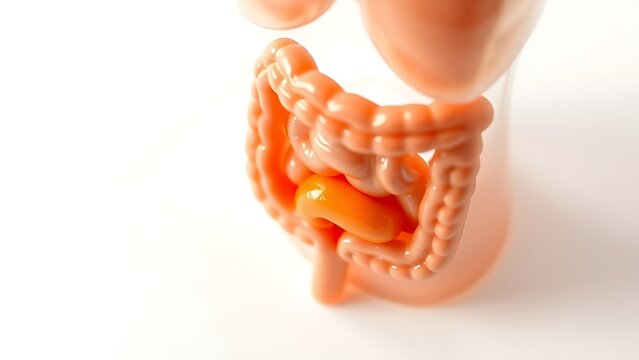 Educational plastic model of the human digestive system, duodenum highlighted.