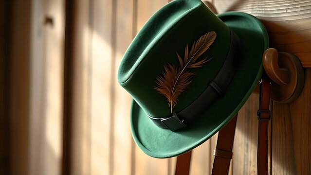 Green felt hat with a feather and leather suspenders hanging on a rustic wooden coat rack.