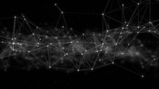 Monochrome connected node visual bright points, polygon mesh, smoky particles, black 19 space. network explainers, science intros, data connection scenes, motion graphics, digital overlays.