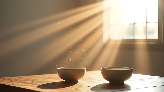 Sunbeams through a window illuminating dust motes above ceramic bowls.
