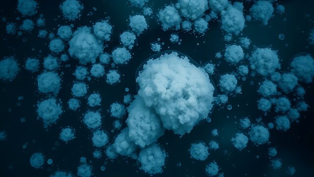 Dark floc particles settling in clear water, top-down view.