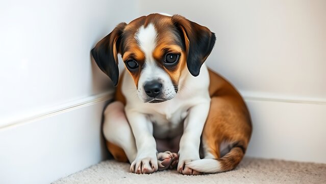 A small dog with drooped ears curled in a corner with a hesitant gaze.