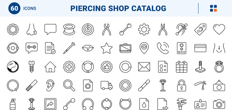 Piercing jewelry shop line icon set. Vector pictograms of retail, products, body, and interface elements, thin linear illustration.
