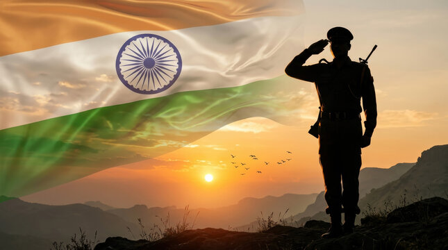 Powerful India Independence Day illustration featuring a brave soldier saluting before the Indian national flag at a glowing sunset, symbolizing honor, sacrifice, courage, freedom and national pride