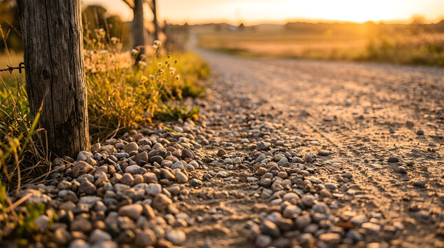 Gravel country road at sunset. Rural dirt path with golden hour light and wooden fence.