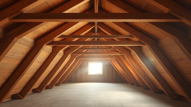 Unfinished attic with slanted roof and wooden beams, dust motes in light.
