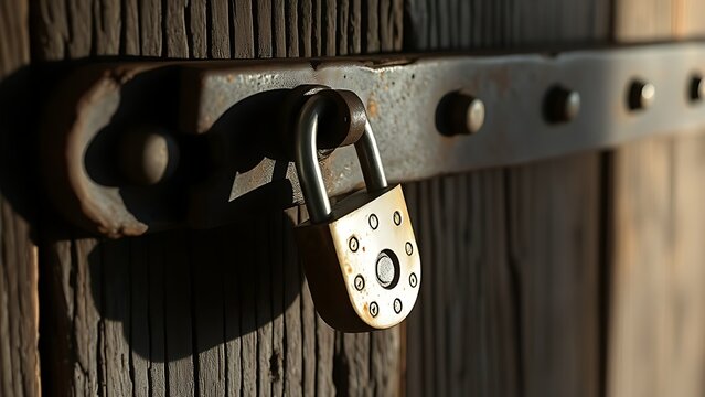 A rusty padlock and hasp on an old wooden barn door.
