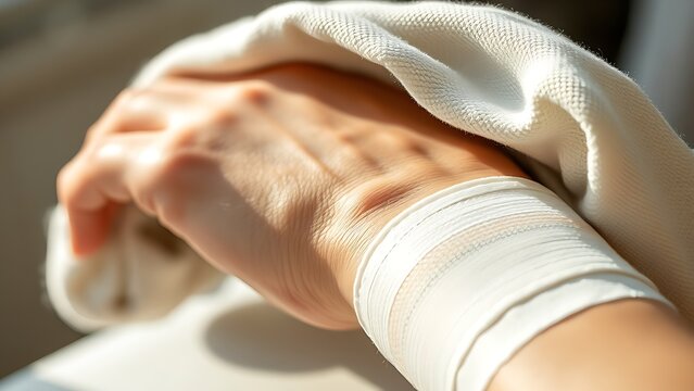 Soft warm cloth compress resting gently on a bandaged wrist.