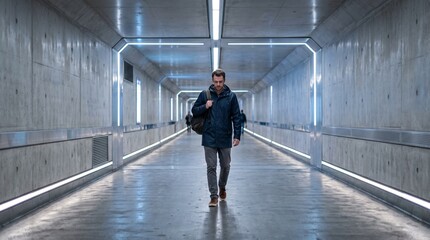 Obraz premium Man walking through modern pedestrian tunnel with illuminated lights, photorealistic urban lifestyle, soft blue and gray colors, contemplative mood, commercial architectural stock photography