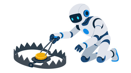 Naklejka premium Friendly white robot carefully lifting a golden coin from a dangerous steel bear trap, flat vector illustration symbolizing artificial intelligence, financial risk management, caution, and safe