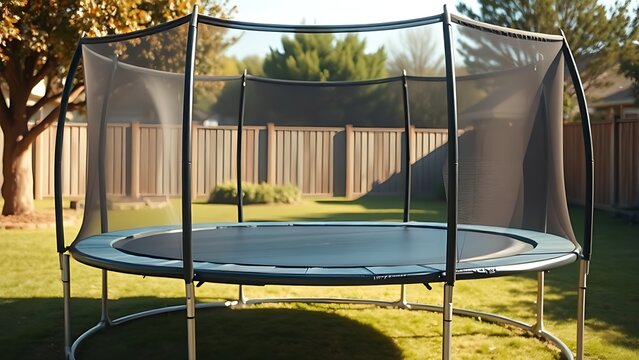 Outdoor trampoline with safety net in sunny backyard, family recreation and play equipment concept