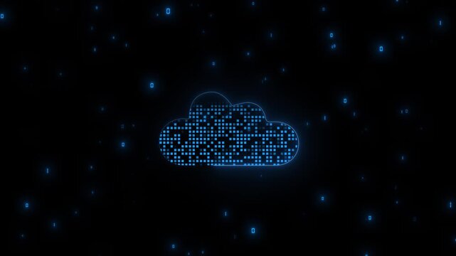 Digital cloud computing icon visual blue pixel texture, floating binary symbols, dark space, modern data service mood. server backups, online storage ads, software tutorials, web platforms, motion