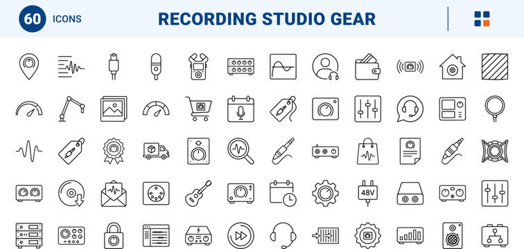 Audio interface store line icon set. Vector pictograms of sound cards, studio hardware, audio gear, and music equipment elements, thin linear illustration.