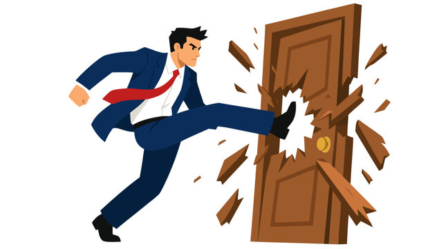 Determined businessman breaking through a wooden door, splintering barriers with force and confidence, symbolizing ambition, opportunity, leadership, breakthrough achievement, and professional success