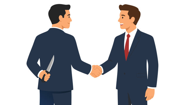Deceptive businessman hiding a knife behind his back while shaking hands with an unsuspecting colleague, powerful vector concept of betrayal, dishonesty, manipulation, hidden motives, and business