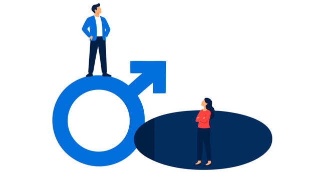 Gender inequality illustration with a man elevated above a large male symbol while a woman stands isolated in a deep pit, visualizing discrimination, unequal opportunity, social injustice and bias