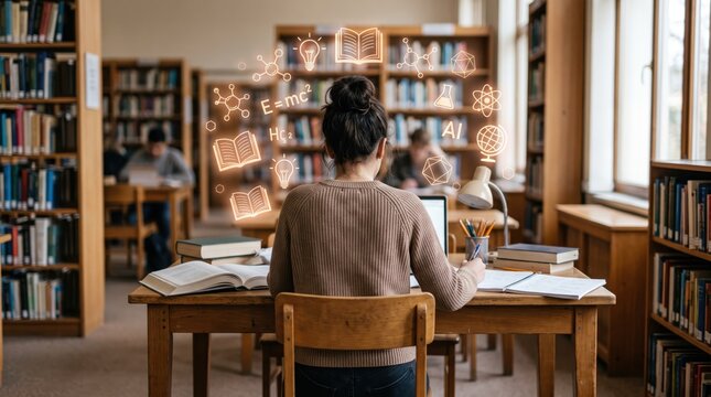 Female student studying in library surrounded by floating science icons, education, learning process, research and knowledge acquisition, academic success, artificial intelligence
