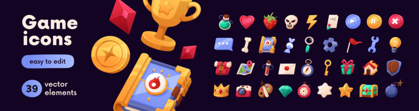 Game interface icons set. GUI gift, star, bomb, key, coin, crown, skull and crystal. Symbols of shield, gem, clock and envelope. UI design elements kit, pack. Isolated flat vector illustrations