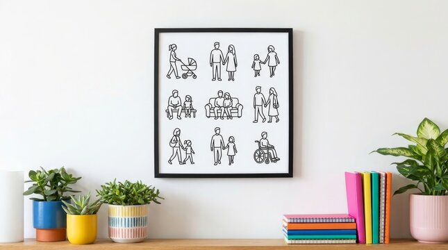 Modern Minimalist Interior Mockup with Diverse Family Line Art Poster