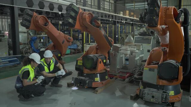 Male and female engineers crouching down to inspect the base mechanism and wiring of industrial robotic arms in a workshop.