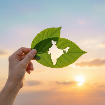 Eco friendly India Independence Day illustration featuring a leaf with the silhouette of the India map held toward a golden sunrise, symbolizing environmental conservation, freedom, sustainability