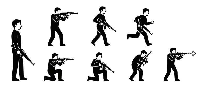 Silhouette Figures of Men with Rifles in Action Poses