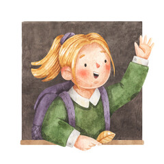 School girl waves hand from the window. Cute watercolor illustration. Student with backpack isolated on white background. 