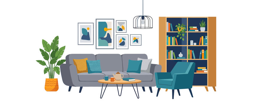 Cozy Living Room with Sofa, Armchair, and Bookshelf