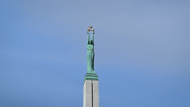 Freedom Monument in Riga zooming in against a clear sky